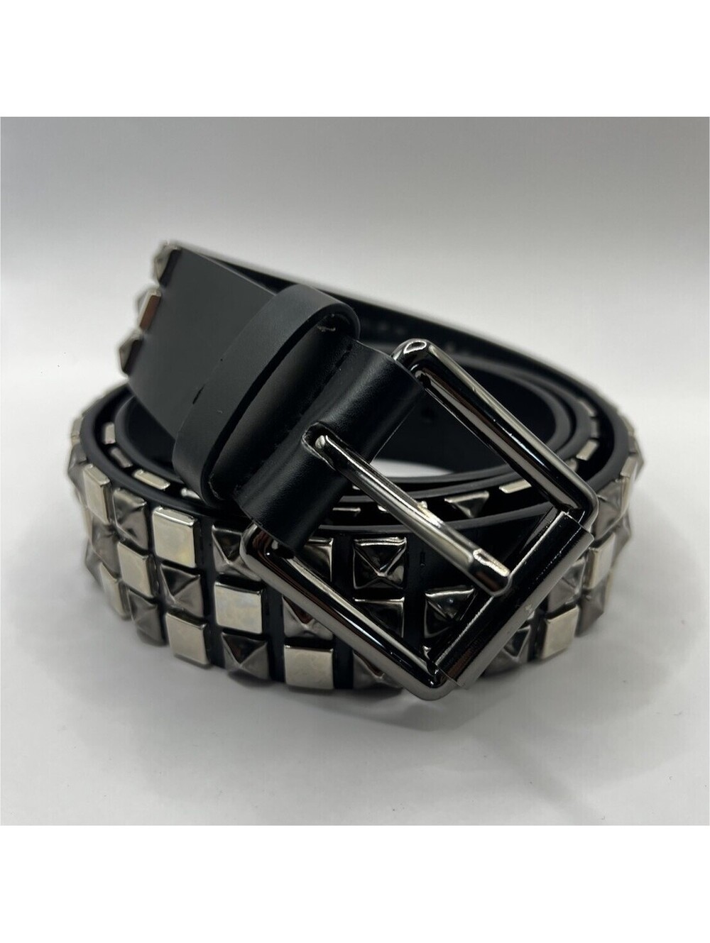 Punk Rock Black Leather Studded Belt | Gunmetal Square Pyramid Studs L/XL